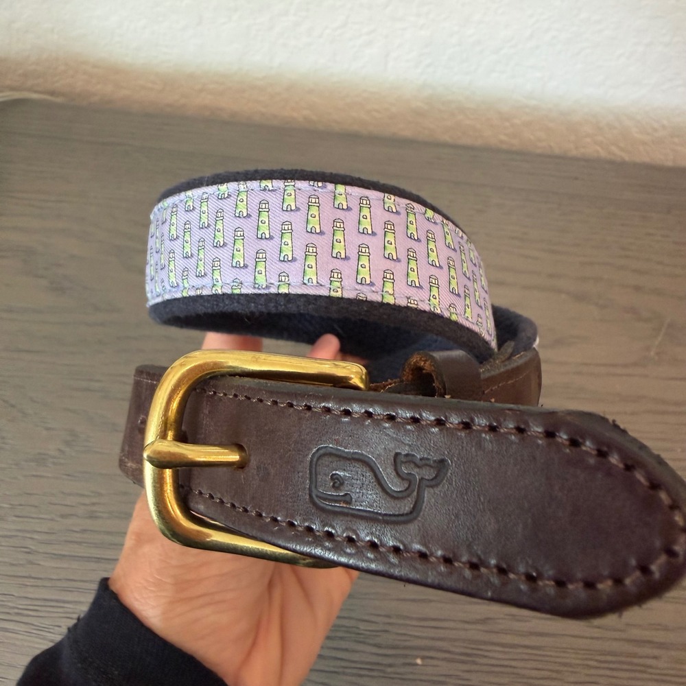 Vineyard Vines Kids‎ Sz 24 Lighthouse Canvas Club Belt Brown Leather Navy Purple